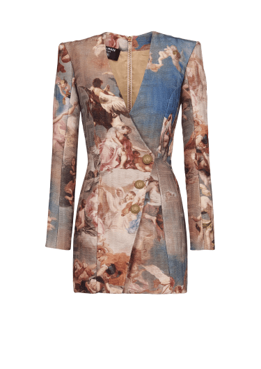 자카드 소재 스카이 프린트 장식 모노그램 랩 드레스